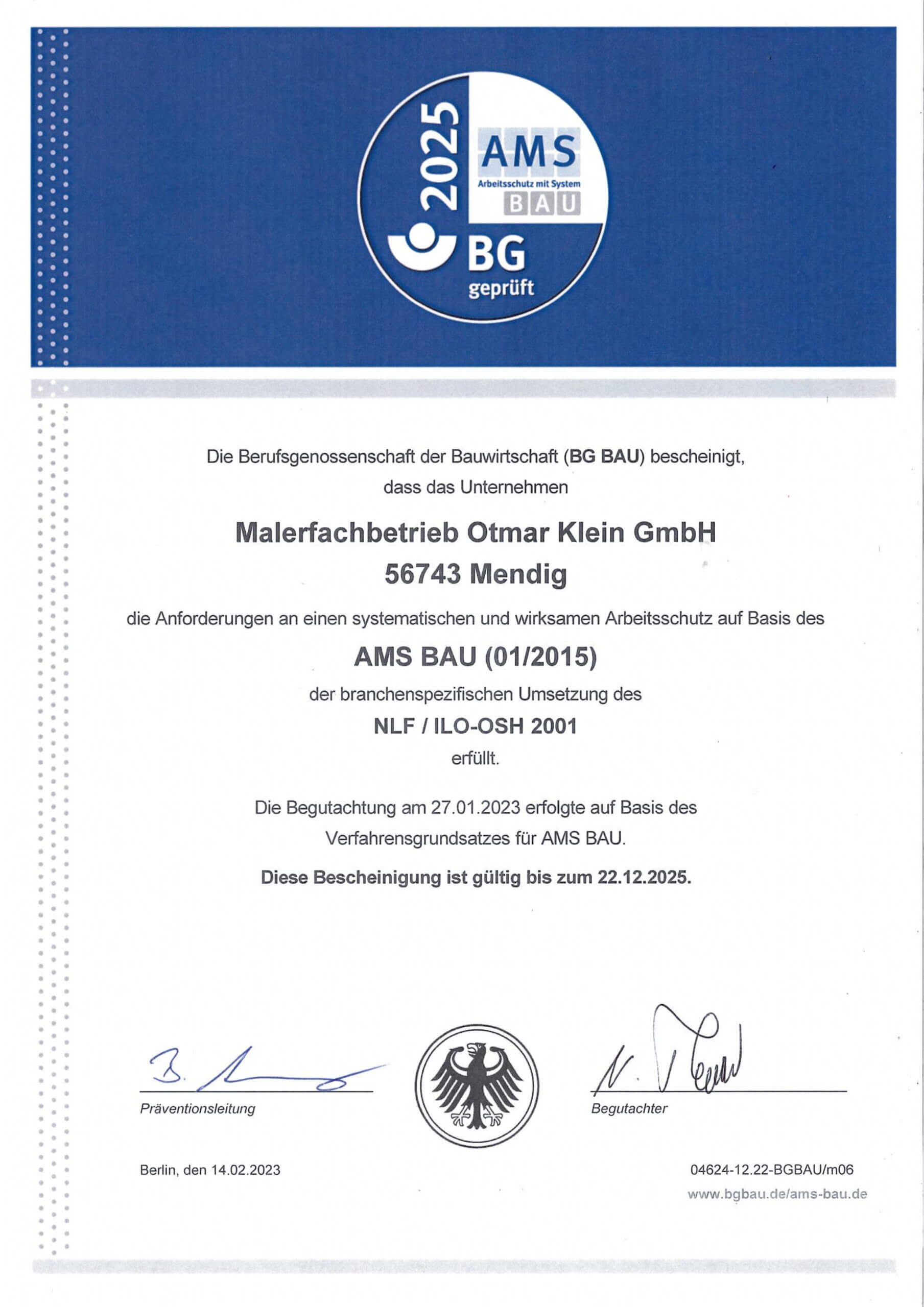 Zertifikat Malerfachbetrieb Otmar Klein GmbH