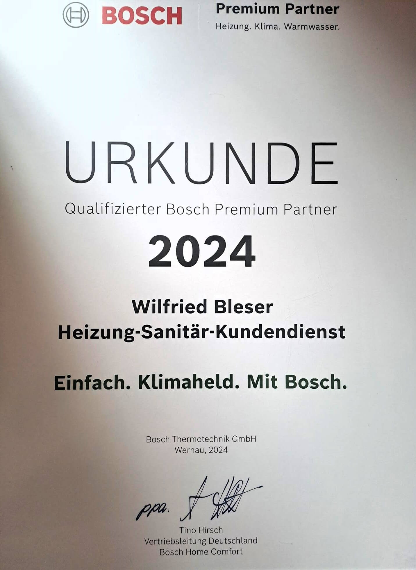 Zertifikat Wilfried Bleser - Heizung Sanitaer Service 