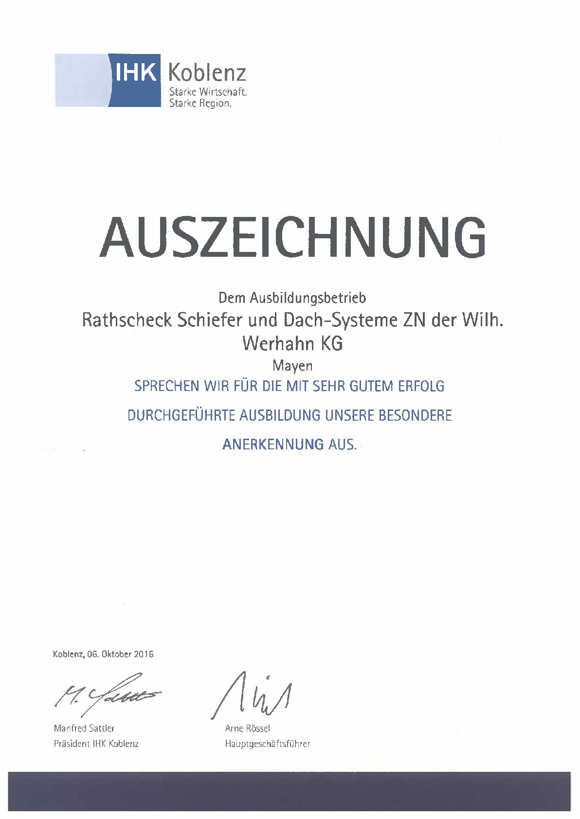 Zertifikat Rathscheck Schiefer und Dach-Systeme ZN der Wilh. Werhahn KG Neuss