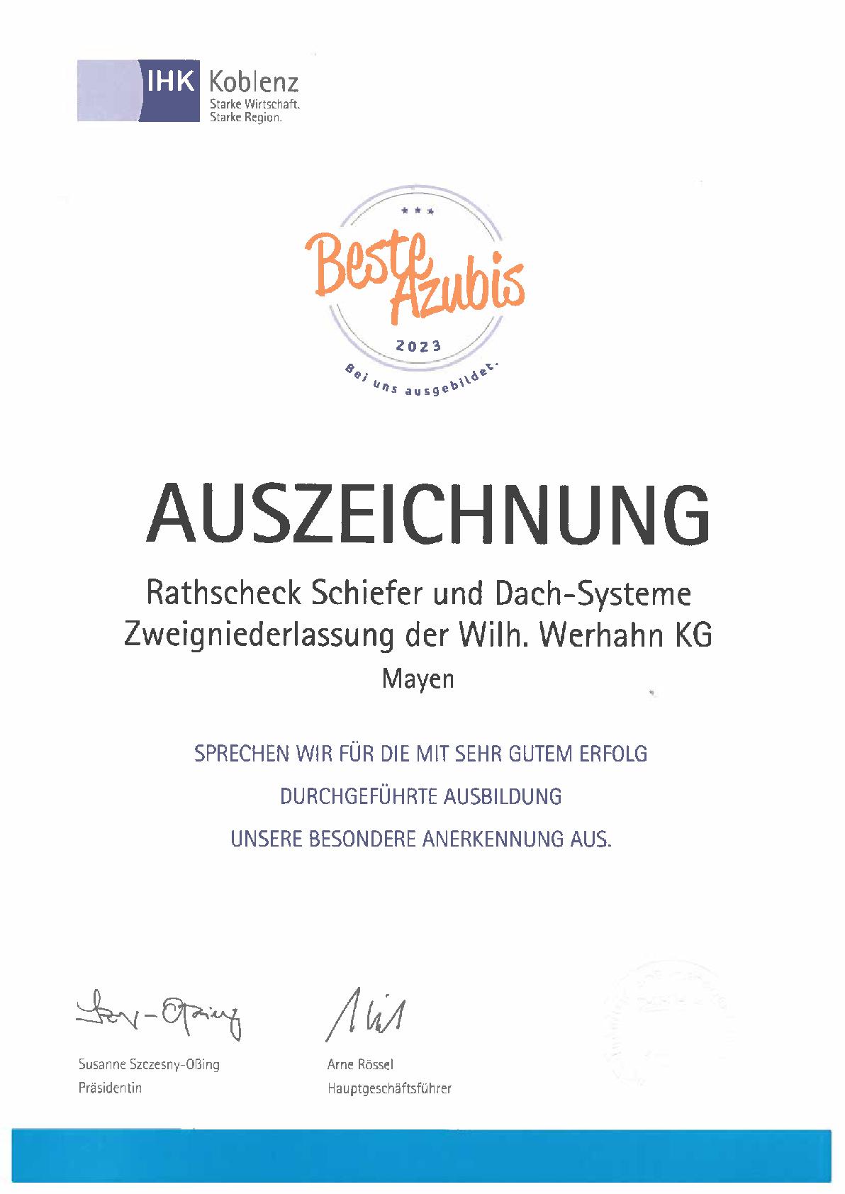 Zertifikat Rathscheck Schiefer und Dach-Systeme ZN der Wilh. Werhahn KG Neuss
