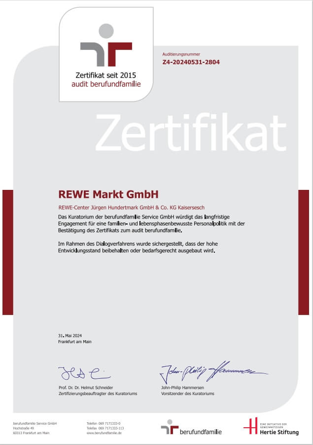 Zertifikat REWE:XL Hundertmark 
