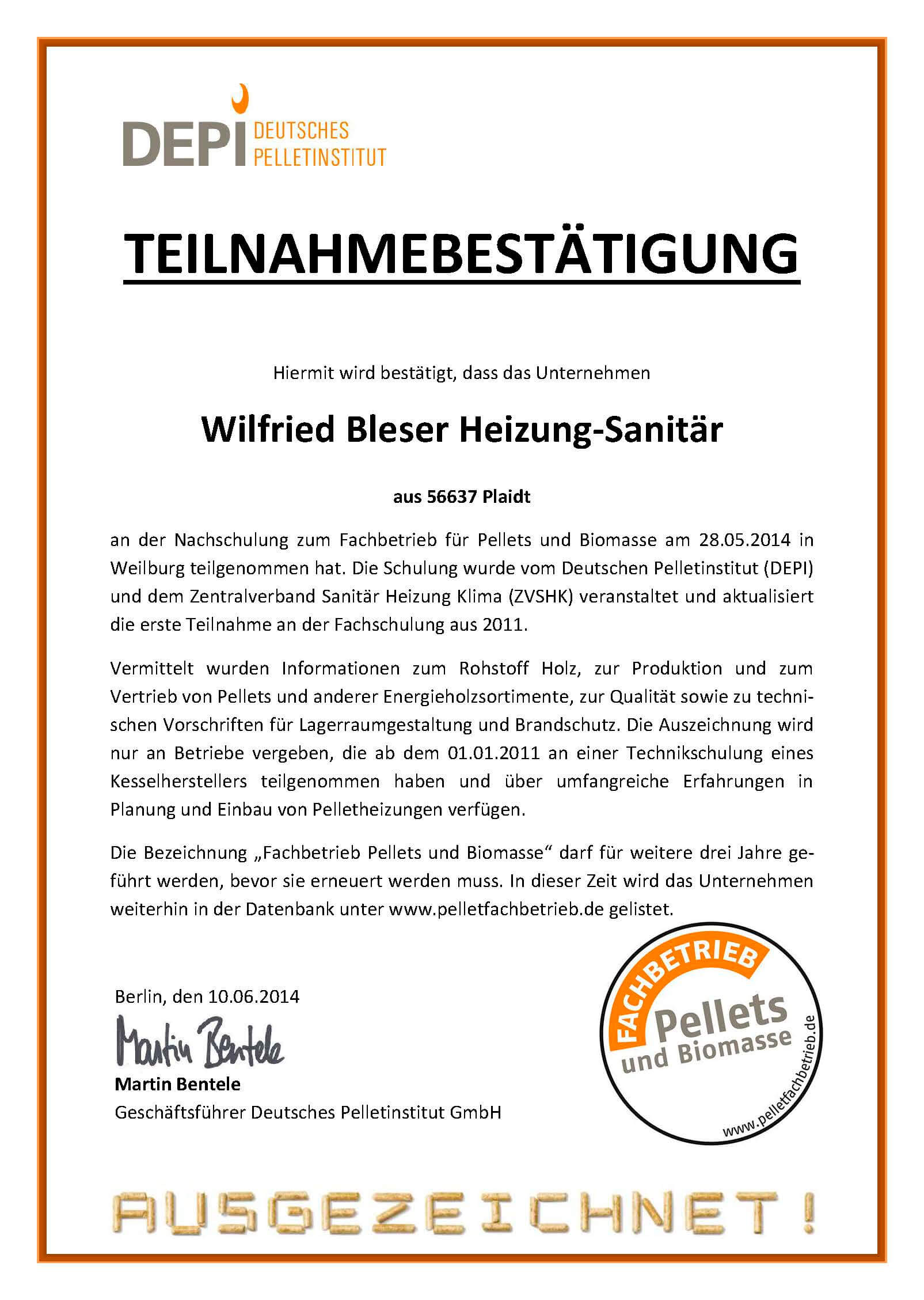 Zertifikat Wilfried Bleser - Heizung Sanitaer Service 