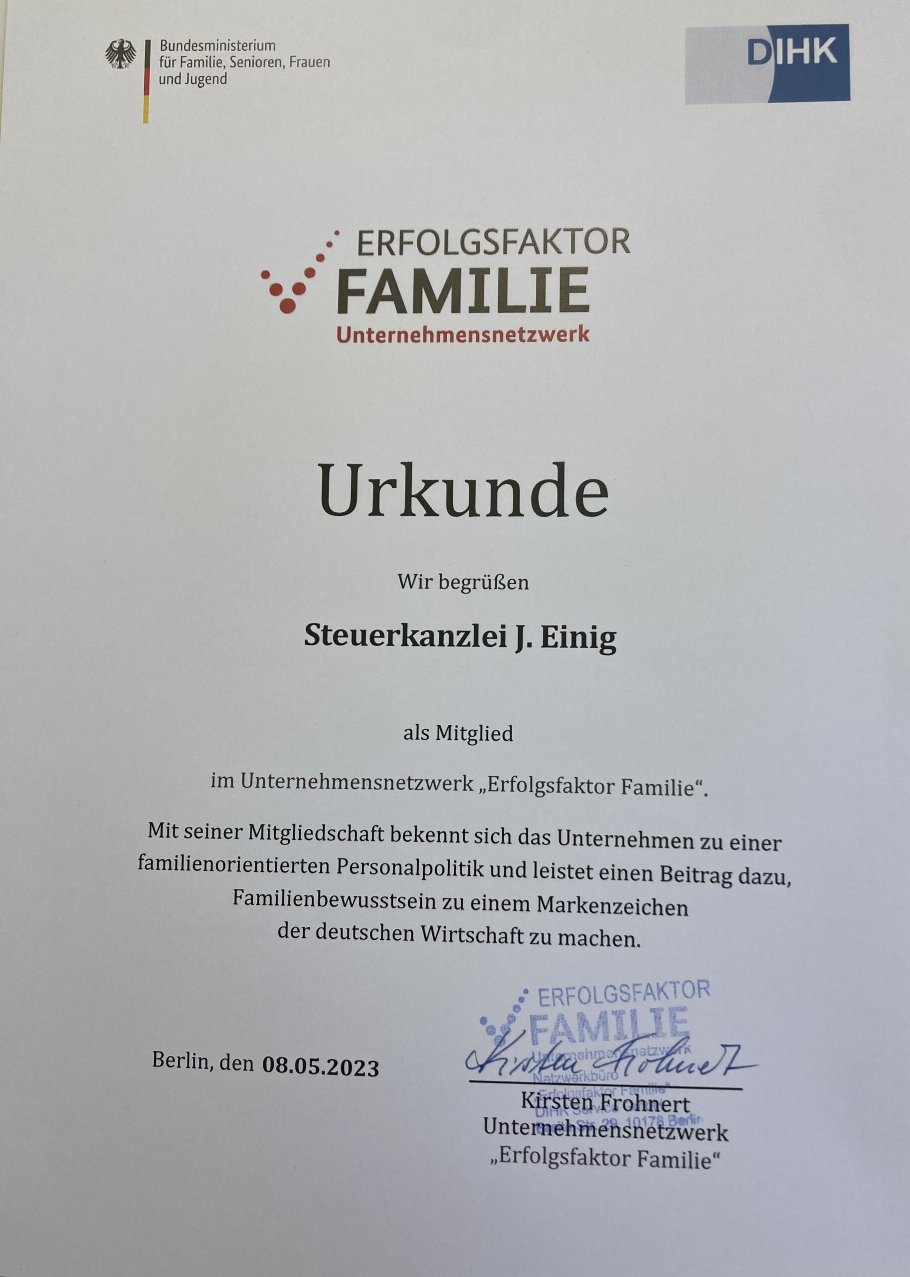 Zertifikat Steuerkanzlei Jörg Einig 