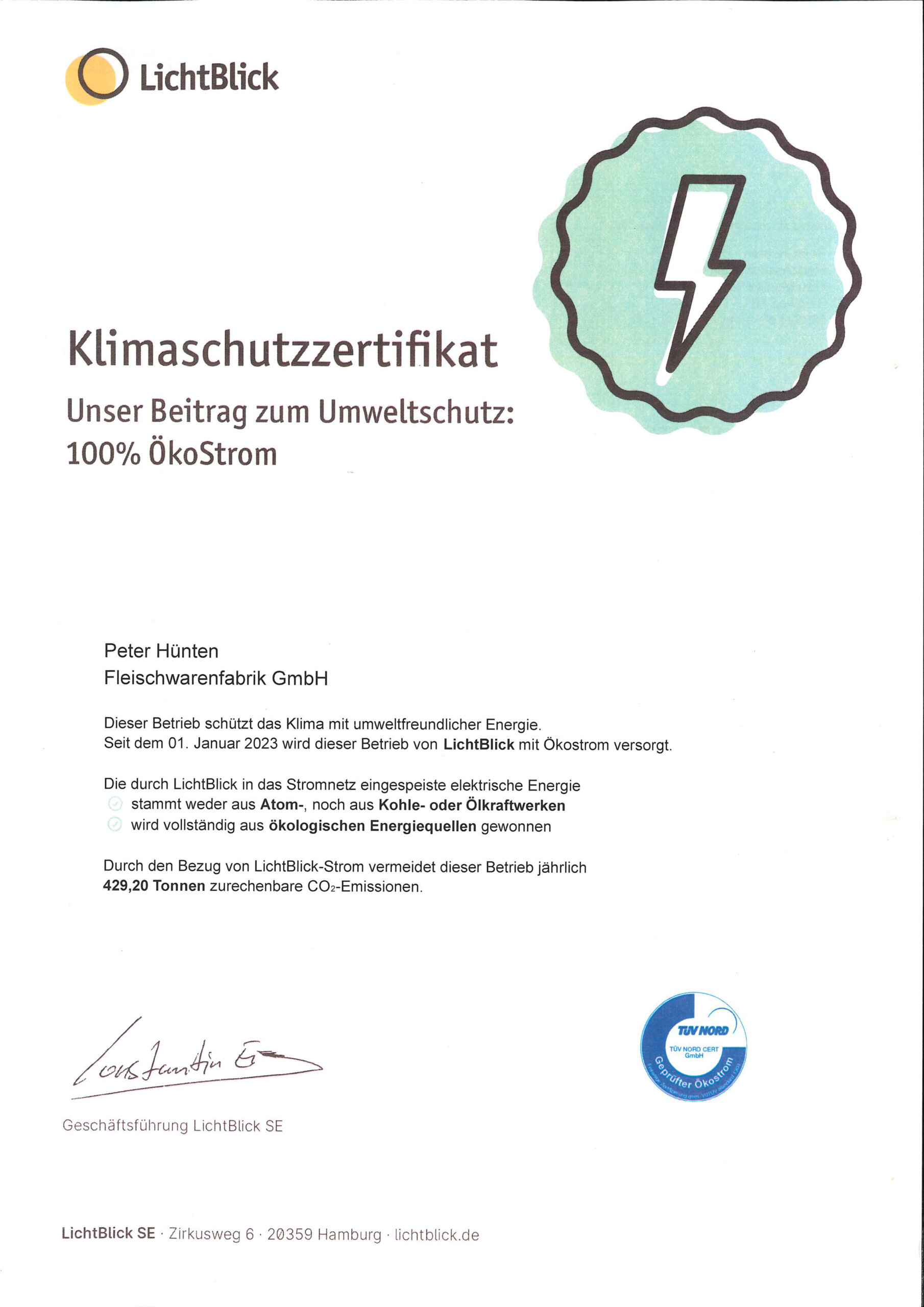 Zertifikat Peter Hünten GmbH