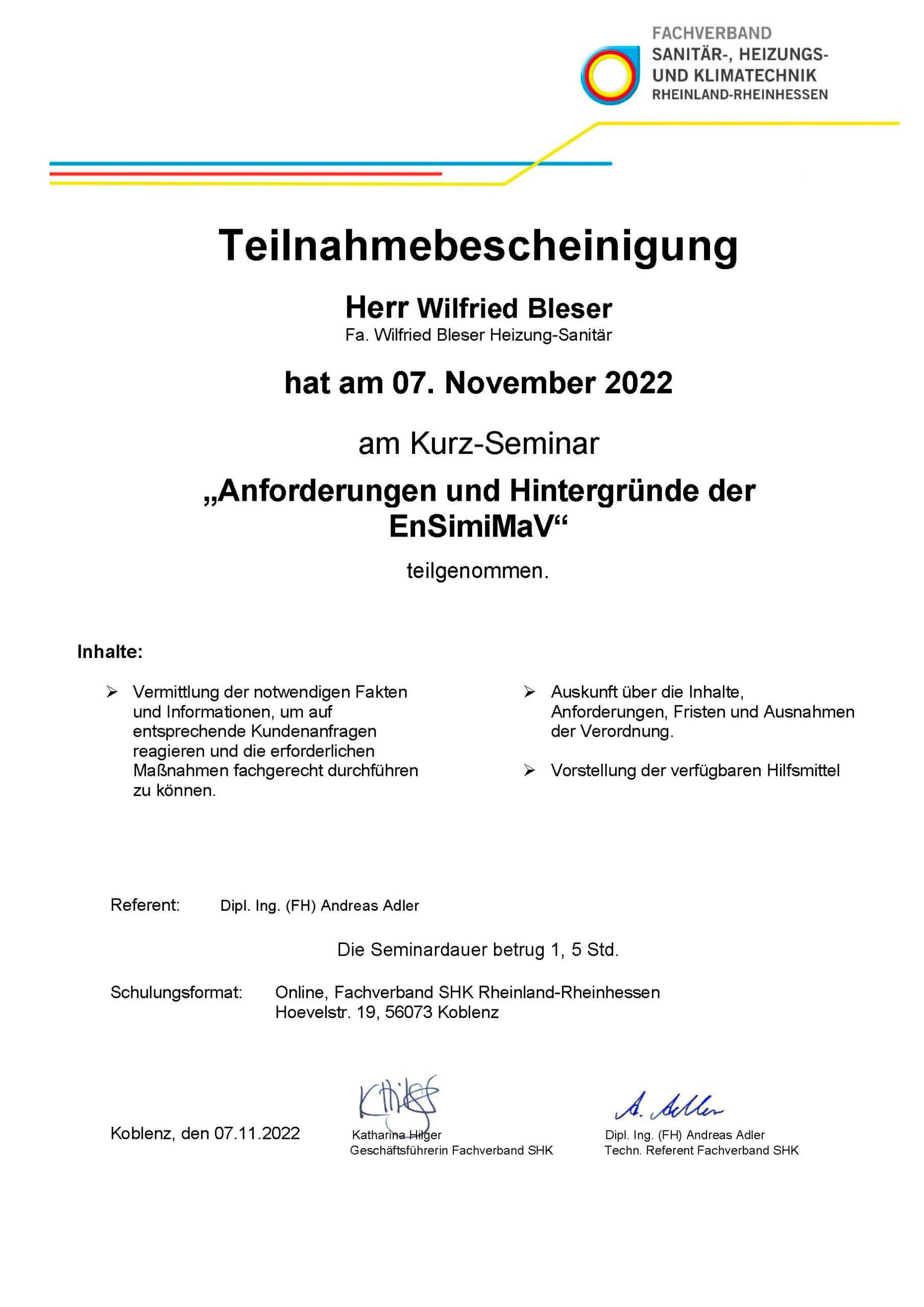 Zertifikat Wilfried Bleser - Heizung Sanitaer Service 