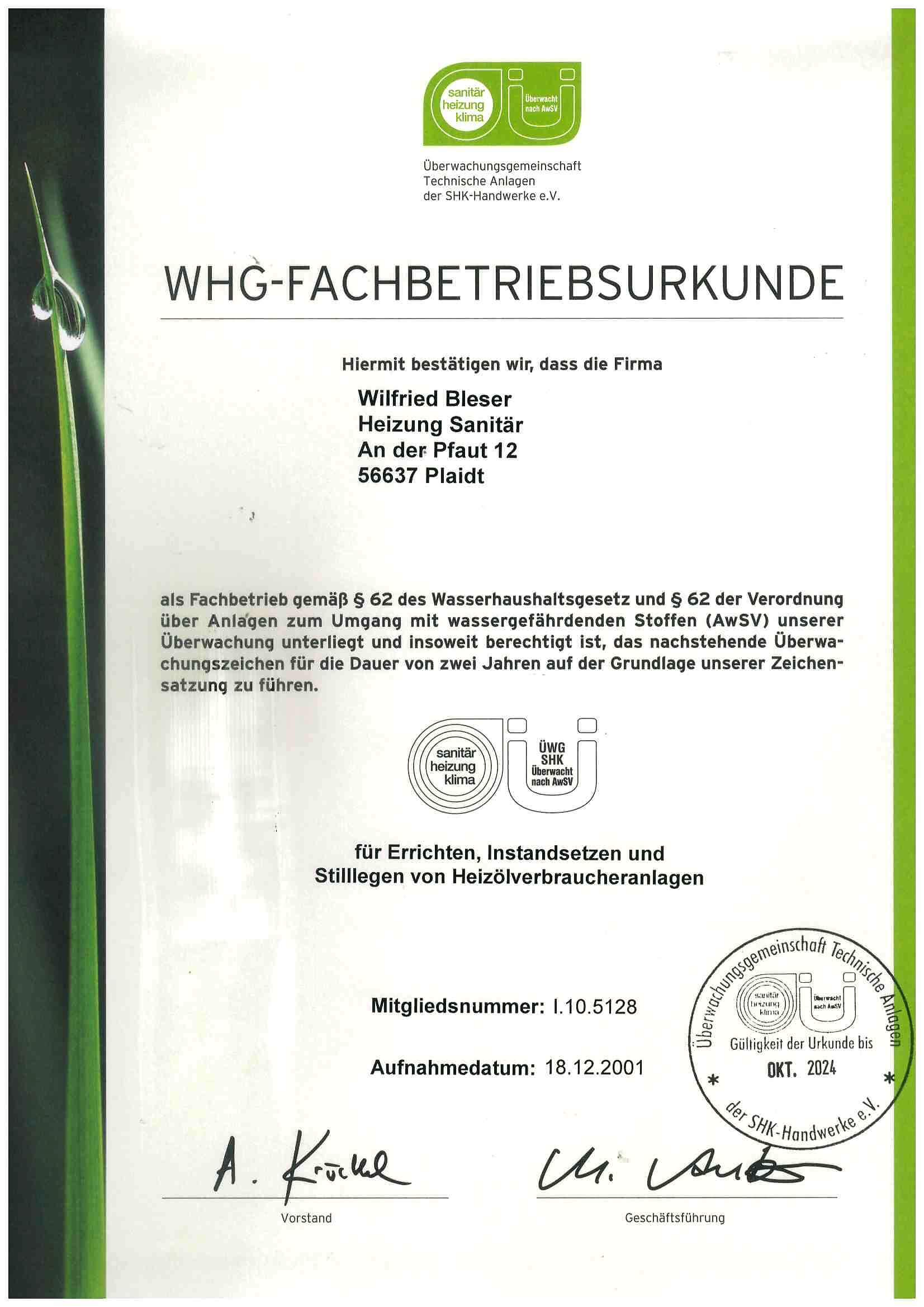 Zertifikat Wilfried Bleser - Heizung Sanitaer Service 