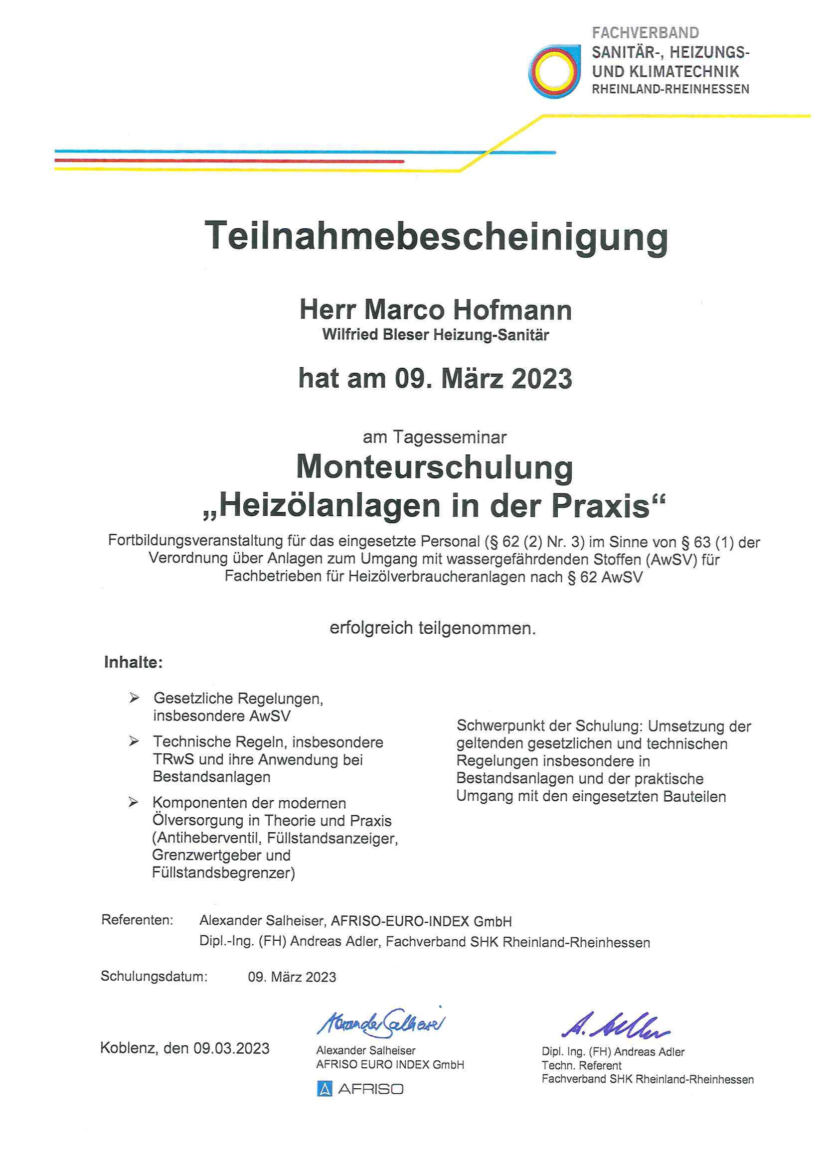 Zertifikat Wilfried Bleser - Heizung Sanitaer Service 