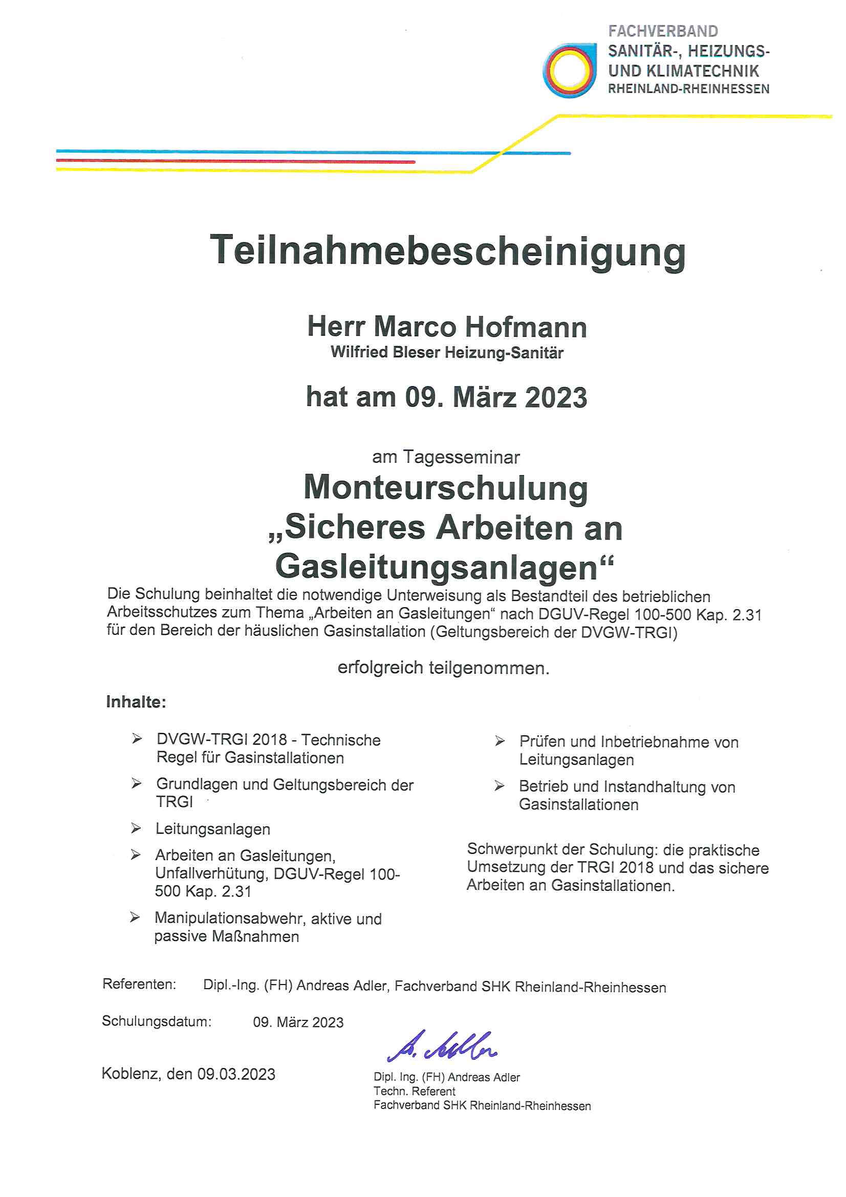 Zertifikat Wilfried Bleser - Heizung Sanitaer Service 